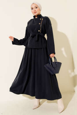 Çapraz Fermuarlı Etekli Tensel İkili Takım Lacivert - HEWES