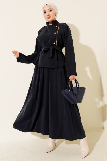 Çapraz Fermuarlı Etekli Tensel İkili Takım Lacivert - İkili Takım