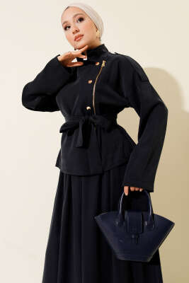 Çapraz Fermuarlı Etekli Tensel İkili Takım Lacivert - İkili Takım