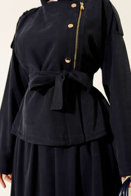 Çapraz Fermuarlı Etekli Tensel İkili Takım Lacivert - İkili Takım