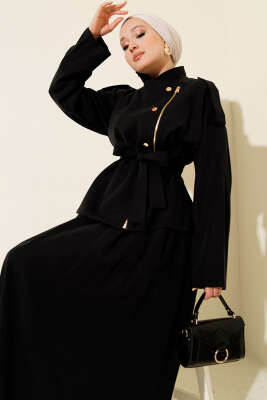 Çapraz Fermuarlı Etekli Tensel İkili Takım Siyah - HEWES