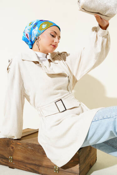 Çapraz Fermuarlı Kemerli Ceket Bej - Ceket