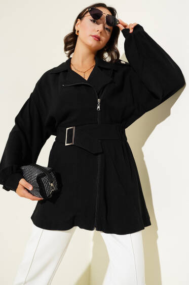 Çapraz Fermuarlı Kemerli Ceket Siyah - Ceket
