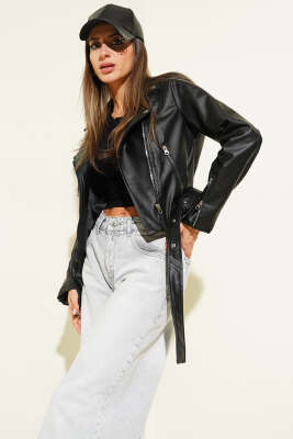 Çapraz Fermuarlı Kemerli Kısa Deri Ceket Siyah - ENTER TEKSTİL