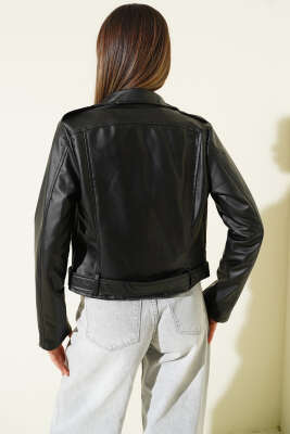 Çapraz Fermuarlı Kemerli Kısa Deri Ceket Siyah - Kadın Giyim Modelleri