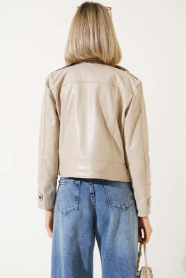 	 Çapraz Fermuarlı Kısa Deri Ceket Bej - Kadın Giyim Modelleri