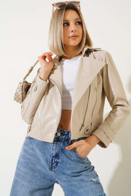 	 Çapraz Fermuarlı Kısa Deri Ceket Bej - TİLLE
