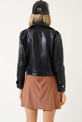 Çapraz Fermuarlı Kısa Deri Ceket Siyah - Kadın Giyim Modelleri