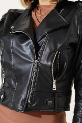 Çapraz Fermuarlı Kısa Deri Ceket Siyah - Kadın Giyim Modelleri