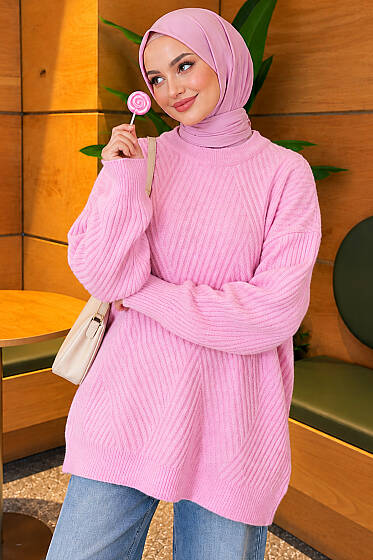 Çapraz Fitilli Uzun Triko Tunik Pembe - ÇOK SATANLAR