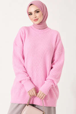 Çapraz Fitilli Uzun Triko Tunik Pembe - FİXAY