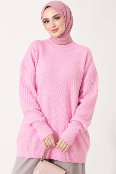 Çapraz Fitilli Uzun Triko Tunik Pembe - Tunik