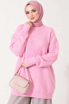 Çapraz Fitilli Uzun Triko Tunik Pembe - Tunik