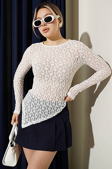 Çapraz Geçişli Dantel Bluz Beyaz - Yılın Fırsatı