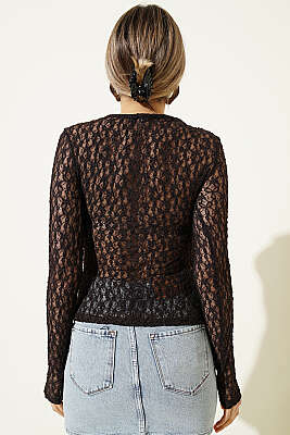 Çapraz Geçişli Dantel Bluz Kahve - Kadın Giyim Modelleri