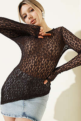 Çapraz Geçişli Dantel Bluz Kahve - LUSTRİN