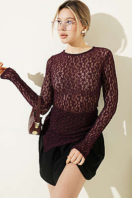 Çapraz Geçişli Dantel Bluz Mürdüm - LUSTRİN