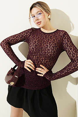 Çapraz Geçişli Dantel Bluz Mürdüm - Kadın Giyim Modelleri