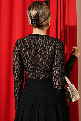 Çapraz Geçişli Dantel Bluz Siyah - Kadın Giyim Modelleri