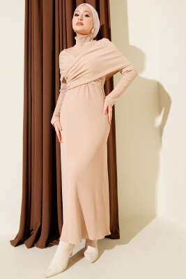 Çapraz Geçişli Fitilli Elbise Bej - DENİZ LIFE