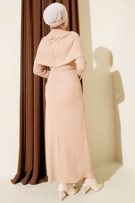 Çapraz Geçişli Fitilli Elbise Bej - Elbise