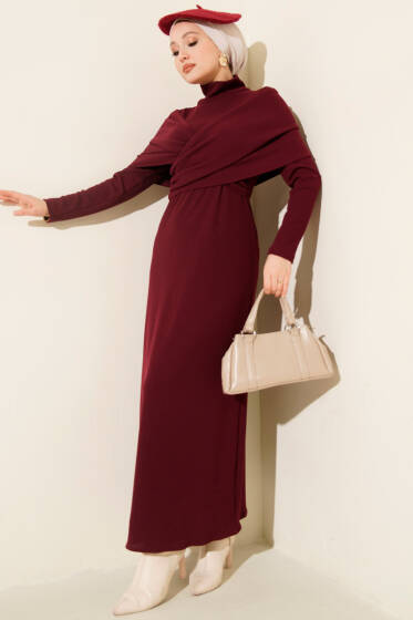 Çapraz Geçişli Fitilli Elbise Bordo - Elbise