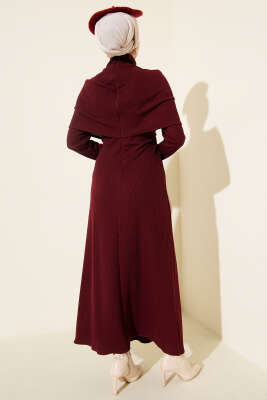 Çapraz Geçişli Fitilli Elbise Bordo - Elbise