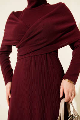 Çapraz Geçişli Fitilli Elbise Bordo - Elbise