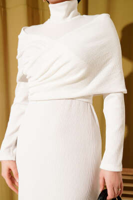 Çapraz Geçişli Fitilli Elbise Ekru - Elbise