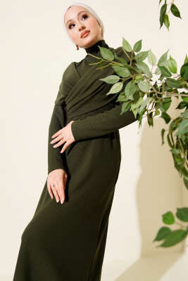 Çapraz Geçişli Fitilli Elbise Haki - Elbise