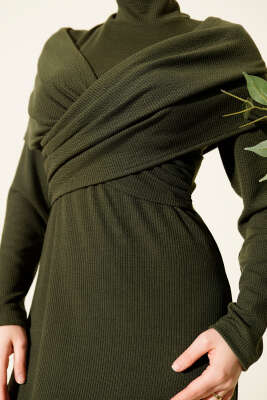 Çapraz Geçişli Fitilli Elbise Haki - Elbise