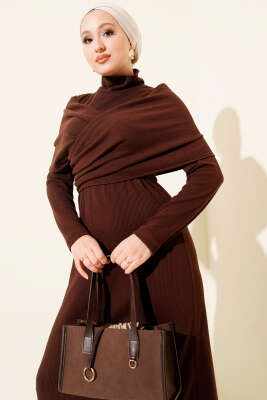 Çapraz Geçişli Fitilli Elbise Kahve - Elbise