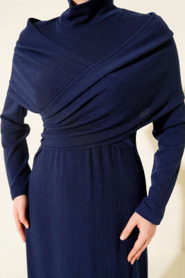 Çapraz Geçişli Fitilli Elbise Lacivert - Elbise