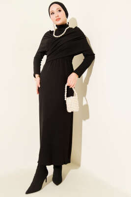 Çapraz Geçişli Fitilli Elbise Siyah - DENİZ LIFE