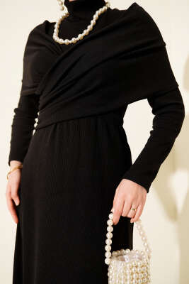 Çapraz Geçişli Fitilli Elbise Siyah - Elbise