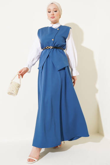 Çapraz Gold Düğmeli Etekli İkili Takım İndigo - İkili Takım