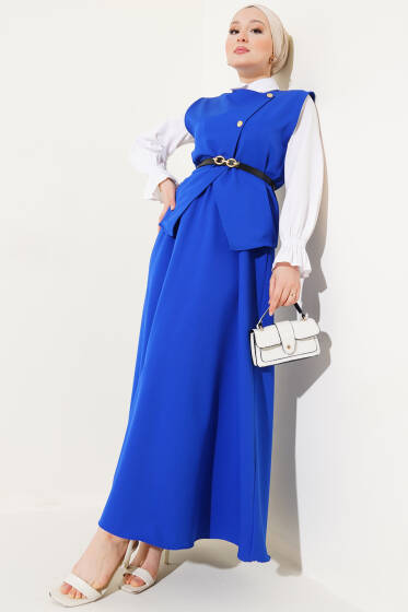 Çapraz Gold Düğmeli Etekli İkili Takım Saks - İkili Takım