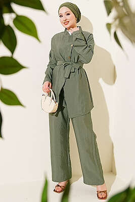 Çapraz Gold Düğmeli Kuşaklı İkili Takım Haki - NESSİA