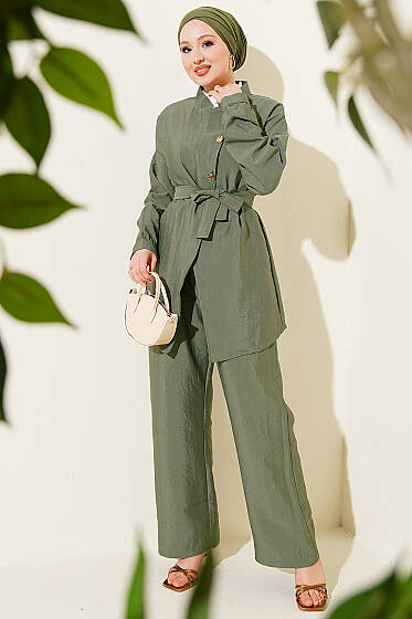 Çapraz Gold Düğmeli Kuşaklı İkili Takım Haki - İkili Takım