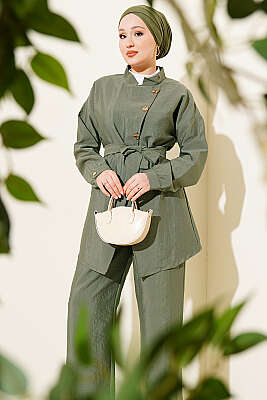 Çapraz Gold Düğmeli Kuşaklı İkili Takım Haki - İkili Takım