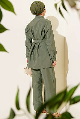 Çapraz Gold Düğmeli Kuşaklı İkili Takım Haki - İkili Takım