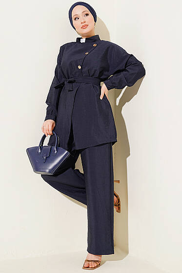 Çapraz Gold Düğmeli Kuşaklı İkili Takım Lacivert - İkili Takım