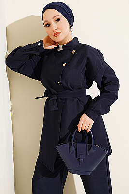 Çapraz Gold Düğmeli Kuşaklı İkili Takım Lacivert - İkili Takım