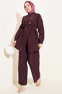 Çapraz Gold Düğmeli Kuşaklı İkili Takım Mürdüm - NESSİA