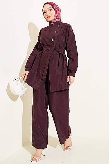 Çapraz Gold Düğmeli Kuşaklı İkili Takım Mürdüm - İkili Takım