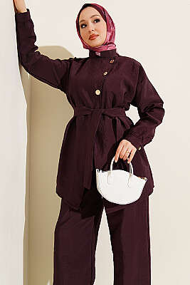 Çapraz Gold Düğmeli Kuşaklı İkili Takım Mürdüm - İkili Takım