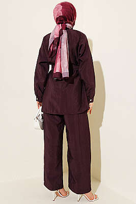 Çapraz Gold Düğmeli Kuşaklı İkili Takım Mürdüm - İkili Takım