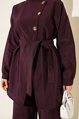 Çapraz Gold Düğmeli Kuşaklı İkili Takım Mürdüm - İkili Takım