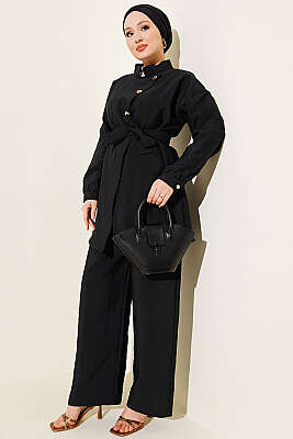 Çapraz Gold Düğmeli Kuşaklı İkili Takım Siyah - NESSİA