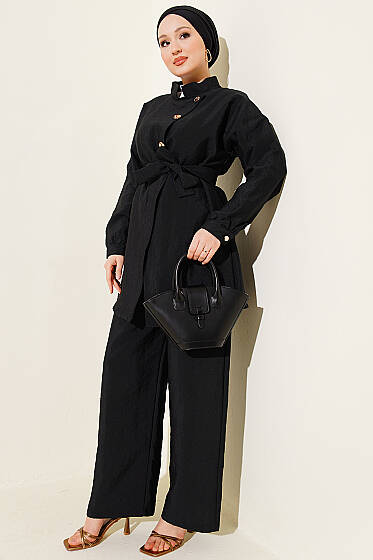Çapraz Gold Düğmeli Kuşaklı İkili Takım Siyah - İkili Takım